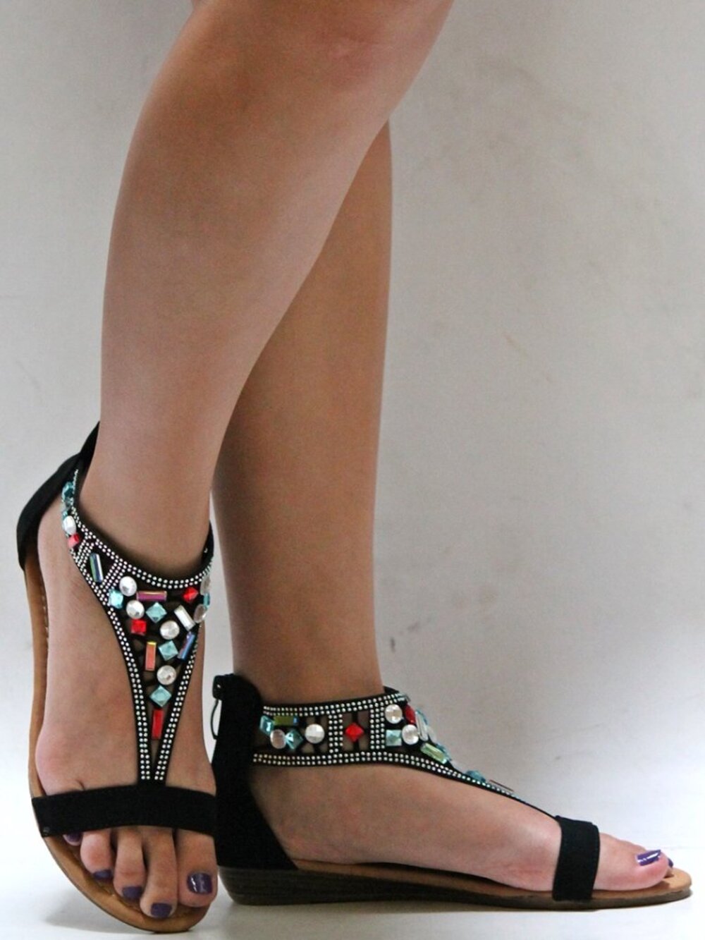 New Black Rhinestone Jewel  T-strap Sandals